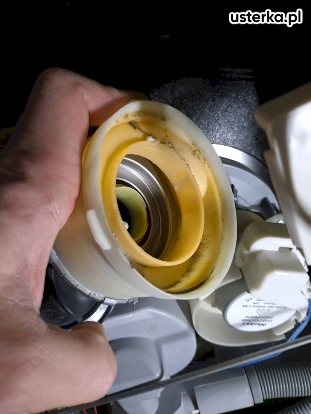 Zmywarka Whirlpool – oczyszczono zabrudzoną pompę myjącą, urządzenie działa prawidłowo. 