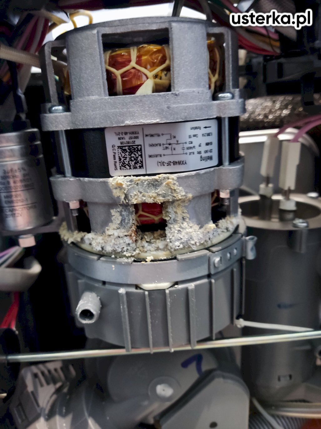 W zmywarce Amica ZUM 448E stwierdzono uszkodzenie pompy myjącej – wirnik obraca się z oporem, uszczelniacz jest nieszczelny, a do silnika przedostała się woda. 