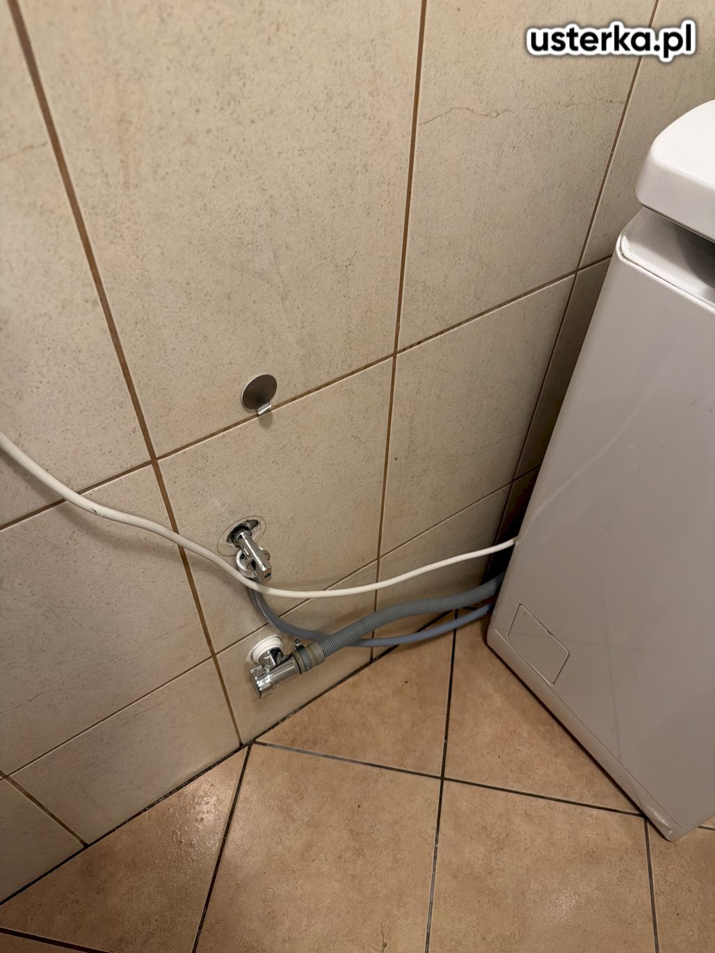 Zdiagnozowano nieszczelność węża doprowadzającego wodę do pralki. Wymieniono wąż oraz zawór odcinający.